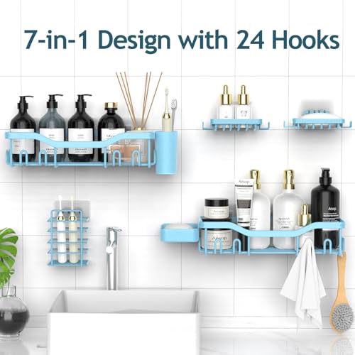 NESOMI Shower Caddy Adhesive Shower Organizer 7-Pack, Rustproof Stainless Steel Bathroom Shelves, Large Capacity No-Drill Rack Storage Accessories with Soap Dish Toothbrush Holder Hooks - color: Blue, size: 7-Piece Set