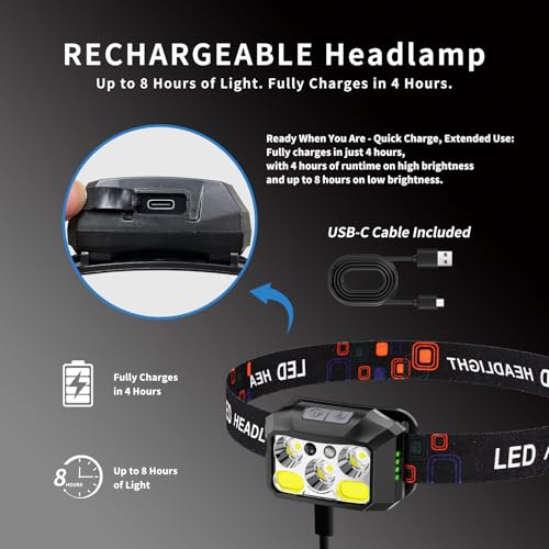 Headlamp Rechargeable LED, 400 Lumens with Red & White Light, 8 Modes, USB-C Charging, IPX4 Waterproof, for Running, Hiking, Fishing, and Camping - color: Black