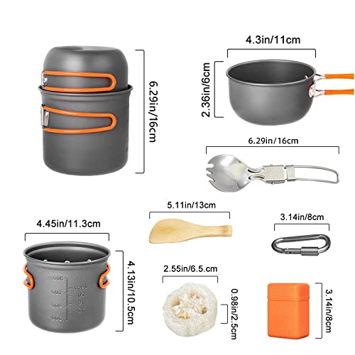 Camping Cookware Set, Portable Camping Mess Kit with Non-Stick Pots, Pans Set and Folding Fork, Lightweight Backpacking cookware Cooking Set for Outdoor/Camping/Hiking/Picnic - color: Orange