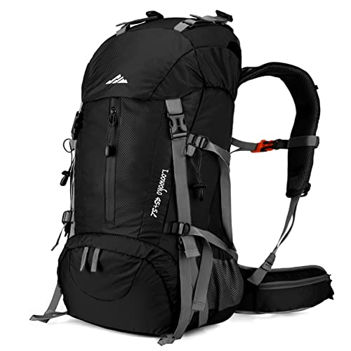 Loowoko 50L Hiking Backpack with Rain Cover for Both Men & Women - color: Black