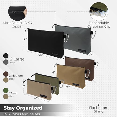 COREFLEX Premium Tool Pouch Zipper Bag, Small Tool Bag, Multipurpose Storage pouch, Heavy duty Flat Bottom Tool bag with YKK Zipper (6 pack Combo mixed size) - size: 6 pack Combo mixed size Khaki