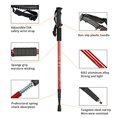 Trekking Poles,Adjustable Shock Absorbing Hiking Walking Stick-2Pcs | Aviation aluminum,Collapsible, Lightweight, All-terrain walking poles, Carry bag included - color: red