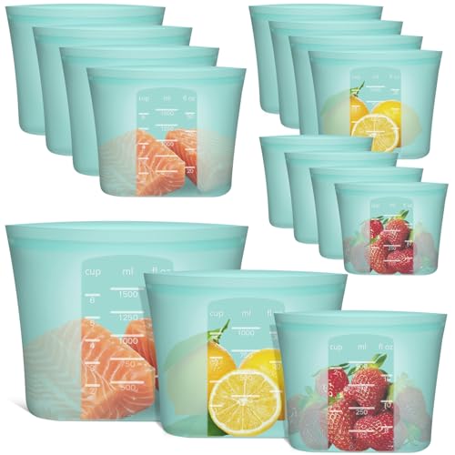Reusable Food Bags, 12 Pack 100% Silicone Food Storage Bags Stand Up Zip Lock Container, Freezer Microwave Oven Dishwasher Safe, 4 Medium 4 Small 4 Extra Small, Aqua - color: Aqua | M+S+XS | 12 Pack