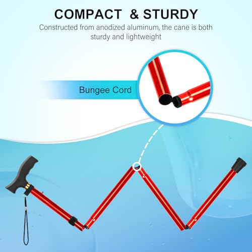 supregear Folding Cane, Lightweight 5-Level Adjustable Walking Stick with Wrist Strap and T-Handle, Portable Mobility Aid for Elderly and Disabled Men and Women - color: Red