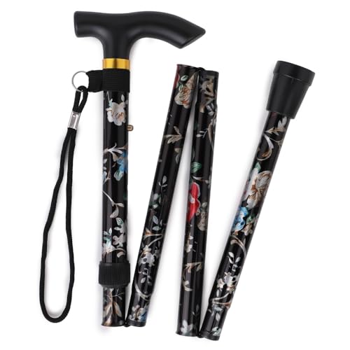 Folding Lightweight Walking Stick - Adjustable Aluminum Metal Collapsible Travel Cane with Non-Slip Rubber Base - color: Black Floral