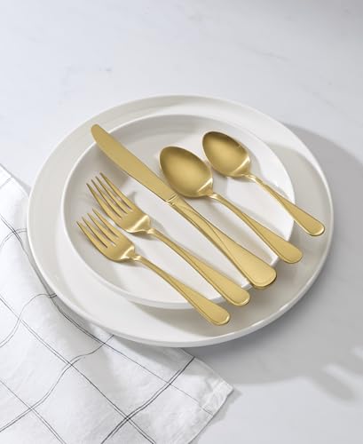 Oneida Flight Gold Satin 20-Piece 18/0 Silverware Set for 4, Flatware | satin finish, dishwasher safe | includes knives, forks, and spoons | heavy duty, cutlery set for kitchen and dining, utensils - style: 20-Piece Flatware Set, Gold