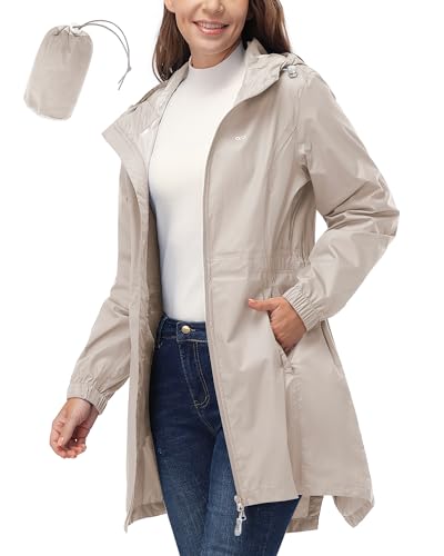33,000ft Women's Waterproof Long Rain Coats Packable Rain Jacket with Hood Trench Coats Windbreaker - color: Beige, size: X-Small