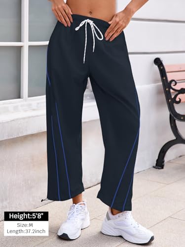 Fisoew Womens Baggy Wide Leg Casual Elastic Waist Cropped Pants - color: Navy, size: Small