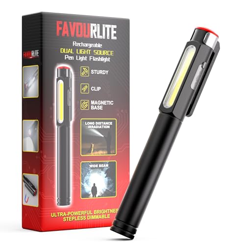 Favourlite Rechargeable Pen Light with Magnetic Clip | 800 Lumens LED Pen Flashlight，6 Modes COB Work Light , Dimmable Pocket Flashlight for Mechanic & Car Repair - size: 5.39in