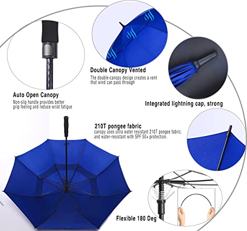62/68/72 Inch Large Golf Umbrella Windproof Waterproof Auto Open | Oversized Double Canopy Vented, 210T Waterproof Pongee Fabric, Light Fiberglass Frame, Unique Red Foam Handle - color: Royal Blue-Red Handle, size: 68"