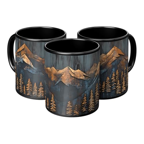 Mountains and Forest Trees Coffee Mug – One Mug, Full Wrap Design (Not Textured) – Outdoorsy Gift for Nature Lovers, Hikers, Campers & Rustic Cabin Decor – 11oz Black Ceramic Cup - size: 11 Ounces
