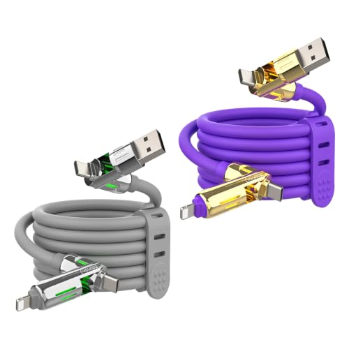 MFish 2-Pack 240W 4-in-1 Multi Charging Cable, Grey+Purple, 6.6FT | Carrying Case, USB-A & USB-C to USB-C/Lightning, For iPhone 17/16/15/14, MacBook, iPad, Laptop, Samsung S25/S24 - color: Grey+Purple, size: 2-Pack 6.6FT