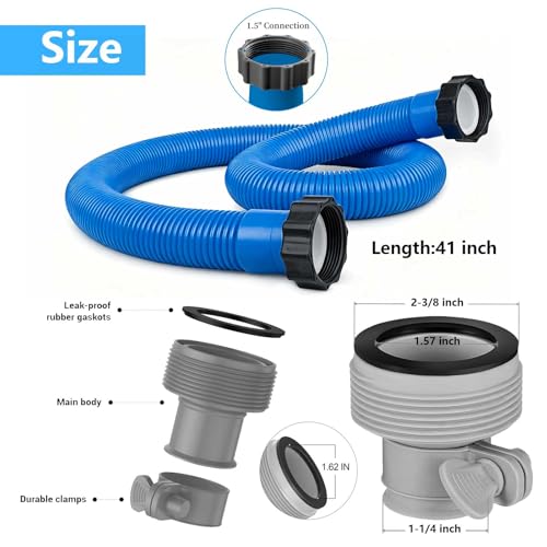 1.5" Pool Pump Hoses with Adapter Type B Connector Kit for Intex ＆ Coleman Above Ground Pools -1 1/2 Pool Hose Compatible with 1500-2500 GPH Sand Filter Pumps & Saltwater Systems (1, Blue) - color: Blue