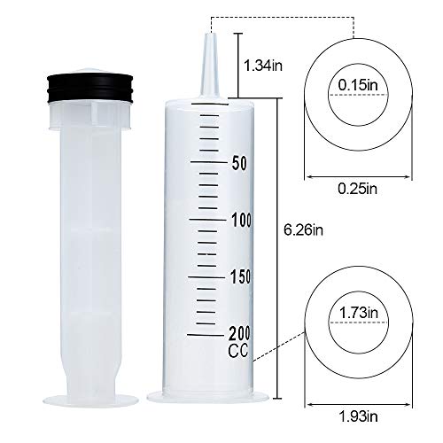 5 Pack 200ml Syringe with Cap, Individually Sterile Sealed Large Plastic Syringes for Scientific Labs, Liquid Measuring, Pet Feeding, Oil Transfer, Glue Dispensing and Plant Care - size: 200 ml