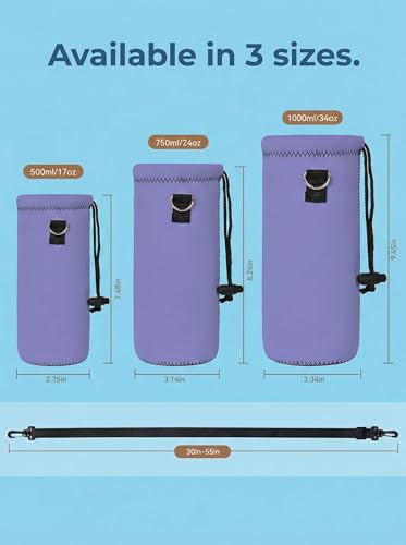 RICHEN Neoprene Water Bottle Carrier Bag with Adjustable Shoulder Strap,Insulated Water Bottle Cover for Stainless Steel/Glass/Plastic Bottles - color: Lavender, size: 500ml