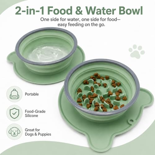 Collapsible Dog Bowls, 2-in-1 Silicone Pet Food and Water Bowl with Carabiner - Portable Double Compartment Travel Dish for Dogs, Ideal for Camping, Hiking, Car Rides, Puppy Essentials(Green) - color: Green