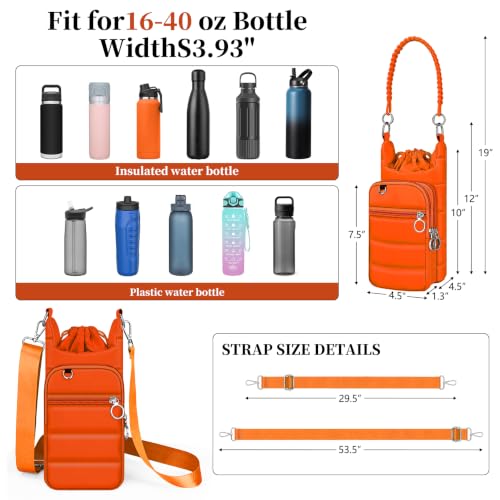 bvya Puffer Water Bottle Holder Quilted Sports Pouch Bag with Adjustable Shoulder Strap & Paracord Handle - color: Orange