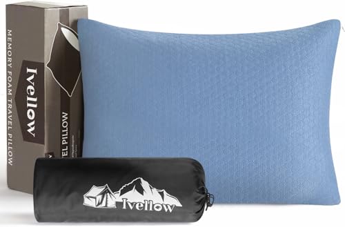 Ivellow Memory Foam Travel Pillow Compressible Camping Pillow for Sleeping Shredded Memory Foam Pillow Compact Firm Supportive Travel Pillow for Adults Kids Outdoor Hiking Essential Gear Blue-S | Compact shredded memory foam pillow,medium firm support, so