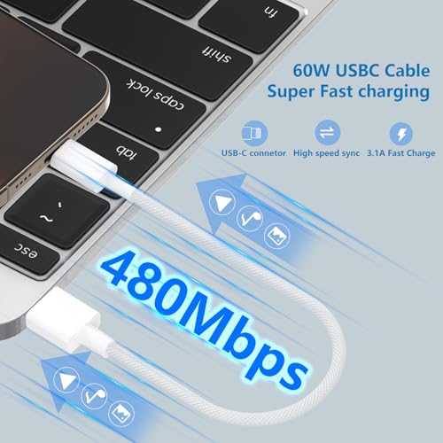 [Apple MFi Certified] Short iPhone 17 Charger Woven, 5Pack 8Inch Short USB-C Cable USB to Type-C Fast Charging Nylon Braided Cord Compatible with iPhone 17 16 15 Pro Plus Airpods PowerBank - color: A TO C White 8IN