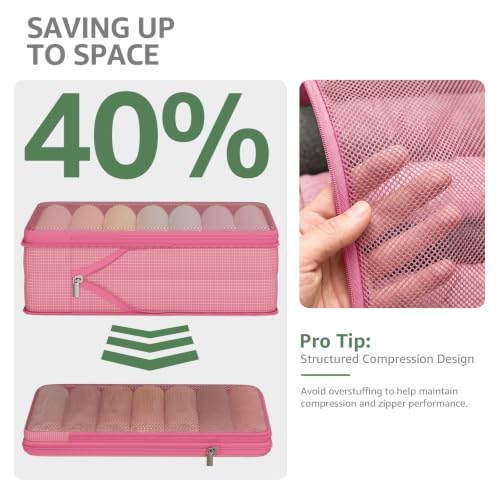 7 Set Compression Packing Cubes for Travel Essentials Suitcase, Collapsible Mesh Packing Cubes for 20-22 inch Carry On Luggage, Expandable Travel Packing Organizers with Laundry Shoe Bag(Pink) - color: 1-Pink, size: 7 Set (For Carry-On/Medium)