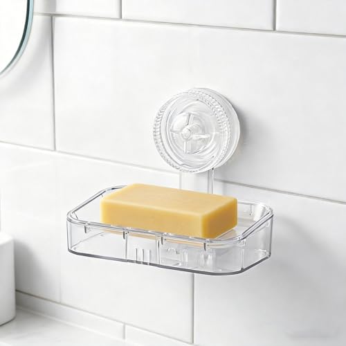 Soap Dish - Clear Suction Cup Soap Dish for Shower with Strong Suction & Reusable Adhesive NO-Drilling Self Draining Removable Waterproof Soap Sponge Holder for Shower Bathroom Bathtub Kitchen