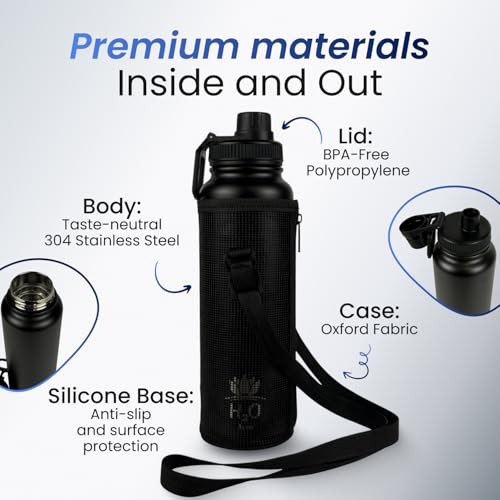 Premium 1 Liter Water Bottle (33.8 oz) with Carrying Case & Strap - Double Wall Vacuum Insulated Stainless Steel Water Bottle - Leakproof Lid, Wide Mouth, BPA-Free, Removable Strainer – Blue - color: Blue