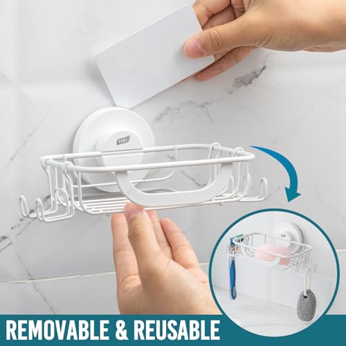 TAILI Soap Holder, Soap Dish Suction Cup with Hooks, Stainless Steel, White | Soap Dish for Shower, Bathroom Bar soap holder Shower Wall, Stainless Steel Sponge Holder for Tub Kitchen - color: White