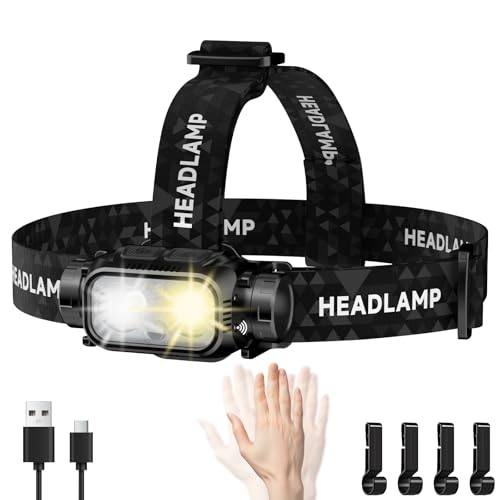 ATDOALL Rechargeable LED Headlamp, Lightweight Head Lamps for Adult Camping | Super Bright Headlight with White Warm Red Light, Motion Sensor, 5 Modes, 90° Adjustable, Waterproof for Hiking, Running - size: 1 Pack