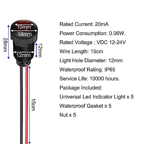 Gebildet 5pcs LED Plastic Indicator Pilot Light AC/DC 12-24V Mounting Hole Size 12mm(Red) - color: red/AC/DC 12-24V/black shell