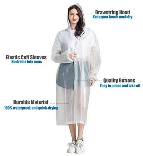 HLKZONE Raincoat, 2 Pack Rain Ponchos for Adults Travel Rain Jacket Packable Rain Coats for Women with Drawstring Hood - color: A-white