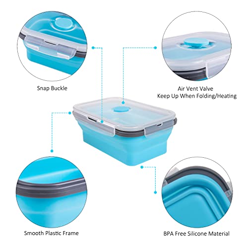 Collapsible Food Storage Containers with Airtight Lid & Vent Valve, 27 oz, Annaklin Kitchen Stacking Silicone Collapsible Meal Prep Container Set for Leftover, Microwave Freezer Safe, Blue, Set of 4 - color: Blue | 27 oz | 4pc