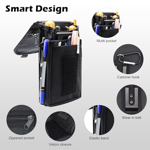 Belt Tool Pouch, Tactical Utility Organizer with Cell Phone Holder, Durable Heavy-Duty 1000D Nylon EDC Multitool Holster with Multi-Pockets for Electricians, Handymen, Work, Hiking - color: Black
