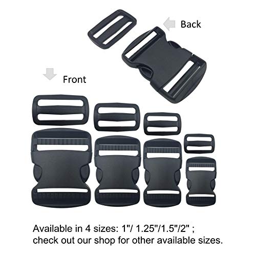 2 Set 1.5” Flat Dual Adjustable Plastic Buckles & Tri-glide Slides | Quick Side Release Buckles for Luggage Straps, Pet Collar, Backpack Repairing (Black, Fit For 1.5 Inch/38mm Webbing Straps)