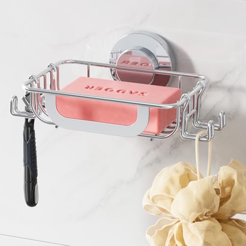 TAILI Soap Holder, Soap Dish Suction Cup with Hooks, Stainless Steel,Silver | Soap Dish for Shower, Bathroom Bar soap holder Shower Wall, Stainless Steel Sponge Holder for Tub Kitchen - color: Silver