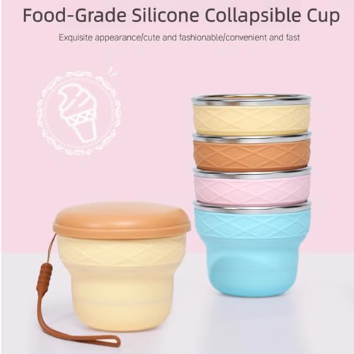 Collapsible Travel Cup 7oz Silicone Foldable Water Cup, Cute Ice Cream Cone Shape, Macaron Colors, BPA-Free with Lid - Portable Drinking Cup for Camping, Hiking & Outdoor Travel (Pudding Color) - color: Pudding Color