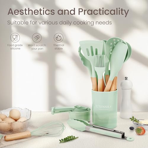 NCUE 26-Piece Food Grade Silicone Kitchen Utensils Set with Wooden Handles - color: Light Green-B, size: 26 Piece