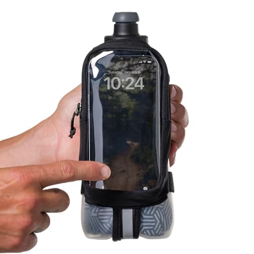 Nathan SpeedDraw 2 Insulated Handheld Running Water Bottle Flask 18oz – Double-Wall Insulation, Ergonomic Grip, Blast Valve Cap, Phone & Key Storage Pockets, Reflective Design - color: 18oz Clearview - Black