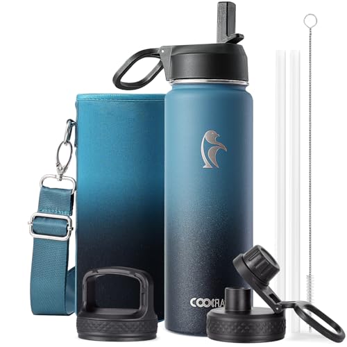 Coolflask 20 oz Insulated Water Bottle with Straw & 3 Leakproof Lids - color: Samurai Cyan, size: 20 Ounces