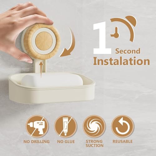 Double Layer Soap Dish for Shower 2 Pack, Wall Mounted Bar Soap Holder Suction Cup 2 Layer Self Draining Soap Case Sponge Holder for Shower Bathroom, Tub and Kitchen Sink, Drill-Free Tray - color: Beige