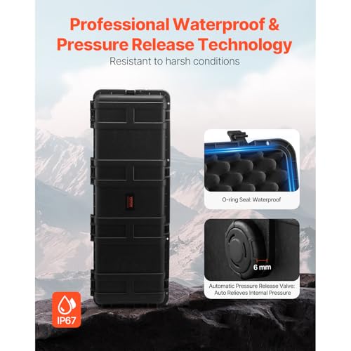 VEVOR Dry Box, Waterproof Hard Case with Pre-Cut Foam, 44 x 16 x 13.5inch | For Travel, Hunt, Cameras, Double-layer Anti-theft Design, Retractable Pull Handles, Easy to Move & Carry, IP67 Waterproof - size: 112x41x34 cm