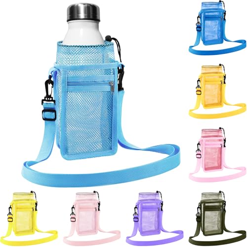 Berlune Water Bottle Holder with Strap Drawstring Water Bottle Carrier with Zipper Pocket Adjustable Shoulder Mesh Sling Bag for Hiking Walking Camping Travel - color: Macaron Color
