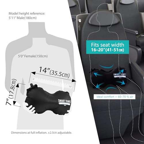 SmartTravel Inflatable Lumbar Support Travel Pillow for Airplane Seat | Adjustable back support cushion for long flights, office & car; eases lower back discomfort; self-inflates, packs small