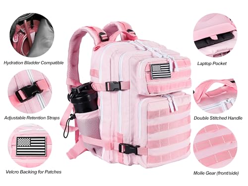 LHI Tactical Military Backpack for Men and Women 25L/35L Army Assault Pack Bag Small Rucksack with Bottle Holder - color: 2.6 35l-light Pink, size: Medium