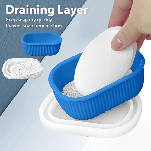 Leakproof Silicone Travel Soap Case with Drainage Layer, Silicone Bar Soap Holder Compact Portable Shatterproof Soap Container Box for Bathroom Gym Camp Travel Toiletries - color: Kleinblue, size: Clear Lid