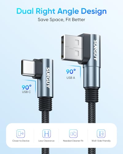 SUNGUY Right Angle USB C Cable Short 0.5FT, 2Pack Dual 90 Degree USB A to USB C Cable for Gaming, Switch, Tight Spaces, Type C Fast Charging Cable Braided for iPhone 17/16/15, Quest 2, Samsung - size: 0.5FT