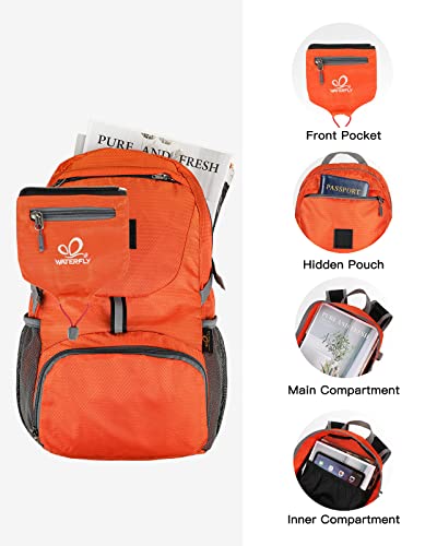WATERFLY Small Lightweight Packable Backpack: 20l Hiking Daypack Man Woman | 20L,Recycled nylon material,Multi-compartment storage,Water-resistant,Everyday carry,Ultra Light Foldable Travel Day Pack - color: Orange