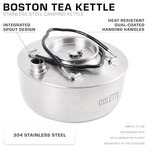 COLETTI Boston Stovetop Kettle — Stainless Steel Camping Kettle, Compact Camp Tea Pot – NO Aluminum or Plastic [50 fl. oz, Stainless Steel]
