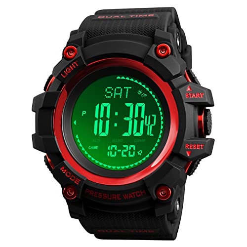 Watch Compass, Altimeter Barometer Thermometer Temperature, Pedometer, Military Army Waterproof Outdoors Sport Digital Watch for Men - color: Red