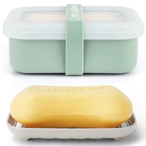 Compact Leakproof Travel Soap Case with Lid & Silicone Strap - Portable Draining Soap Bar Holder for Gym, Bathroom, Camping - Lightweight Silicone Soap Dish Container (Light Green) - color: Light Green