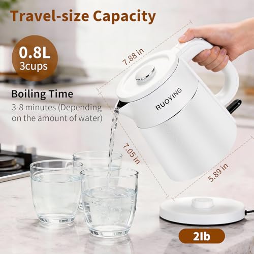 0.8L Portable Stainless Steel Travel Electric Kettle, Double Wall | White. Small Capacity, Cool Touch Double Wall Stainless Steel, Fast Boil, Auto Shutoff & Boil Dry Safety, 2-Year Warranty - color: White